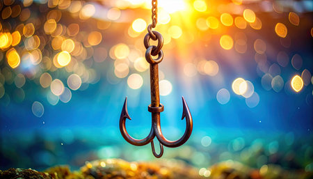 A rusty triple fishing hook hangs from a chain with sun rays piercing through a bokeh background of blue and orange lights.の素材