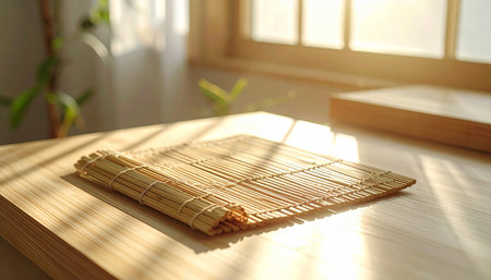 An unrolled bamboo sushi mat rests on a wooden surface, illuminated by sunlight filtering through a window.の素材