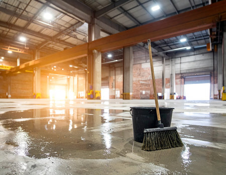 A broom and a bucket stand on a wet, reflective floor in a large, empty industrial warehouse, with sunlight streaming in.の素材