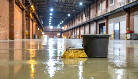 A close-up view of a broom and a bucket on a wet concrete floor in an empty industrial warehouse, with reflections of overhead lights visible.の素材