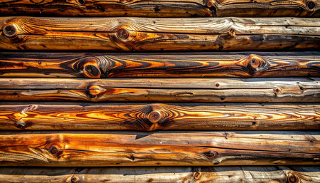 Detailed view of stacked weathered logs forming a rustic cabin wall with visible grainの素材