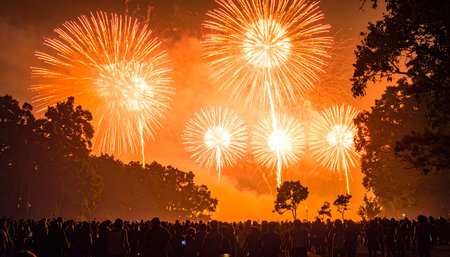 A large crowd watches bright orange fireworks explode in the night sky over a parkの素材