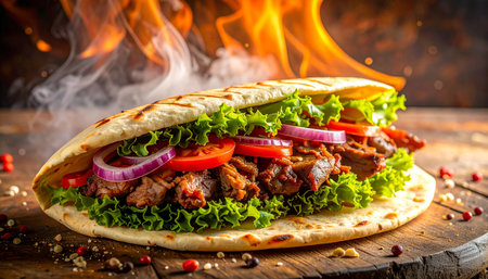 A close-up of a grilled meat kebab wrap filled with lettuce tomatoes and red onions on a wooden board with flames in the background.の素材