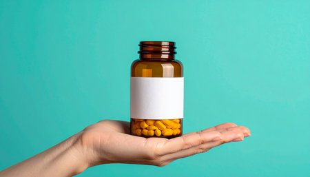 A hand holds an amber bottle with a white label and yellow pills against a turquoise background.の素材