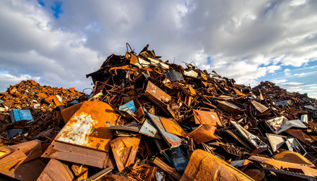 Pile of rusty iron scrap ready for recycling in a junkyardの素材