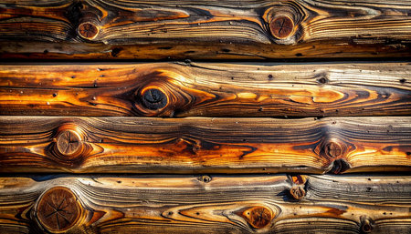Horizontal stacked logs featuring detailed wood grain and sections of dark charred wood.の素材
