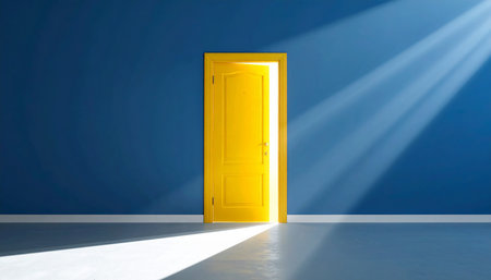 An open yellow door emits bright light rays across a blue wall and floor, creating a dramatic contrast and sense of opportunity.の素材