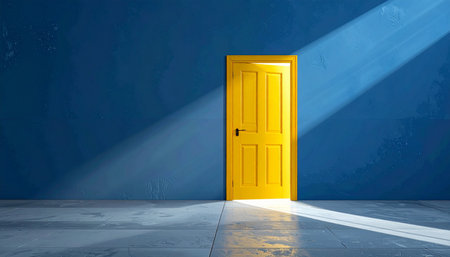 A yellow door is slightly ajar, with bright light streaming out onto a textured blue wall and a tiled floor.の素材