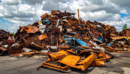 An overflowing pile of rusty scrap metal and discarded vehicle parts under a cloudy sky.の素材