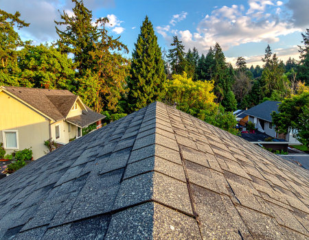 An overhead view of asphalt shingle rooftops of residential houses nestled amongst lush green trees under a partly cloudy blue sky.の素材