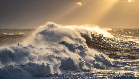 Crashing ocean waves illuminated by dramatic golden sunbeams piercing through dark cloudsの素材