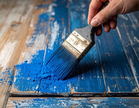 A paintbrush, laden with vibrant blue powder, rests on a rustic, weathered blue wooden table, with powder scattered on the surface.の素材