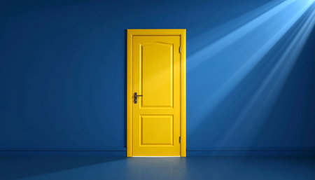 A bright yellow door stands against a deep blue wall, illuminated by dramatic sunbeams casting long shadows on the floor.の素材