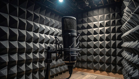 A black condenser microphone is set up in a recording studio, the walls covered in dark, textured acoustic foam, with a single light source above.の素材