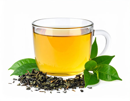 A clear glass cup containing bright green tea is showcased on a white background, with loose green tea leaves and fresh green tea sprigs.の素材