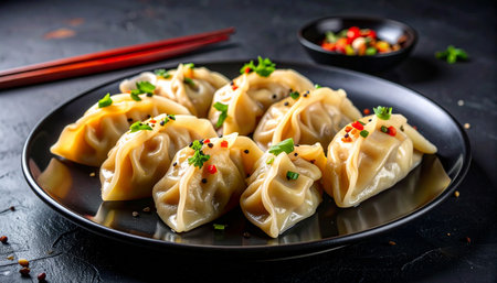 Plump steamed dumplings are presented on a black plate, garnished with chopped green herbs and red chili flakes.の素材