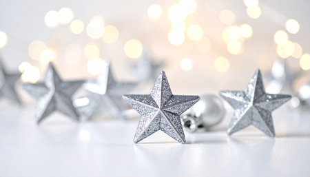 Silver star and bauble ornaments with glitter are on a white surface with blurred bokeh lights in the background.の素材
