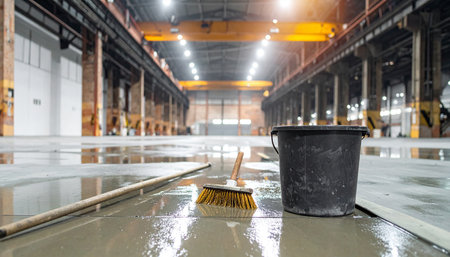 A broom and a bucket are positioned on a wet, reflective concrete floor inside a large industrial warehouse.の素材
