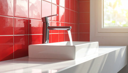 A sleek white rectangular ceramic sink with a chrome faucet and running water, set against a red tiled wall with sunlight streaming through a window.の素材