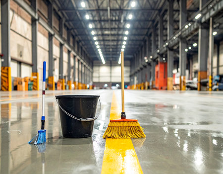 Two brooms, one blue and one yellow, and a black bucket sit on a wet, reflective warehouse floor with a yellow line.の素材