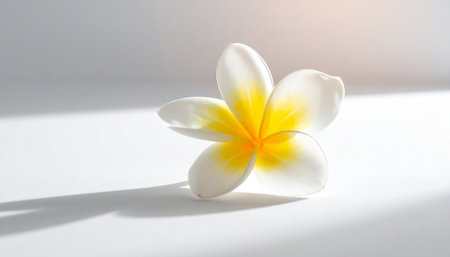 A white plumeria flower with a vibrant yellow center is illuminated by soft light, casting a shadow on a white surface.の素材