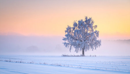 A frost-covered weeping willow tree in a snowy field with a soft pastel sunrise sky.の素材