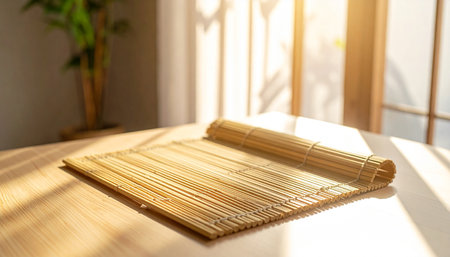 An unrolled bamboo sushi mat lies on a wooden table, with sunlight casting shadows across the surface.の素材