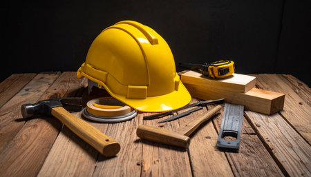 Repair showing yellow hard hat and carpentry tools on a rustic wooden surface keywords: hard hat, yellow,...の素材