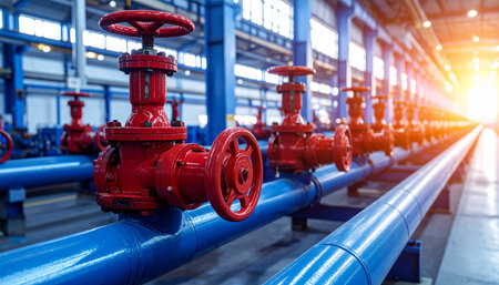 Rows of red industrial valves are mounted on large blue pipes inside a factory with sunlight streaming in.の素材