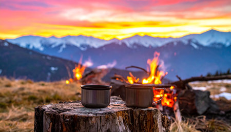 Two steaming metal mugs are on a tree stump with a campfire and snowy mountains during a colorful sunset.の素材