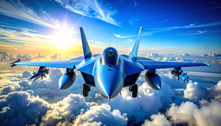 A blue fighter jet flies above clouds under a bright sky with the sun rising. Clear details and vibrant colors...の素材