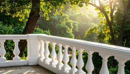 A garden terrace with a white balustrade, sunlit trees, and a paved floor, overlooking a green landscape.の素材