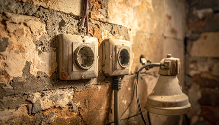 Two old electrical outlets on a rough textured wall with a lamp. Clear details and vibrant colors enhance visu...の素材