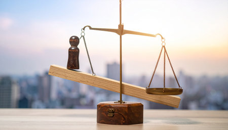 A wooden chess piece on a seesaw is unbalanced against empty scales with a cityscape in the background.の素材