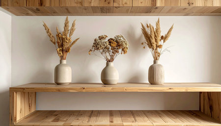 Three vases with dried grasses and flowers arranged on a wooden shelf against a white wall.の素材