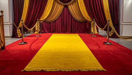 Red and yellow carpet leads to opulent velvet curtains with stanchions for a VIP event.の素材