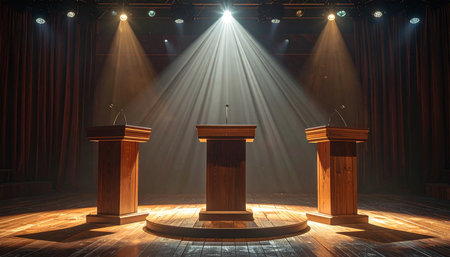 Three empty wooden podiums with microphones stand on a stage illuminated by spotlights.の素材
