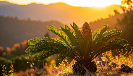 A cycad plant with a prominent cone is illuminated by the warm, golden light of a sunset, with rolling hills in the background.の素材