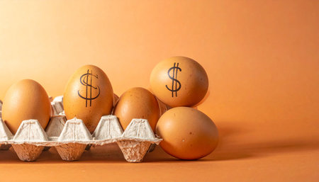 Brown eggs with dollar signs are arranged in a carton against a vibrant orange background, symbolizing financial concepts.の素材