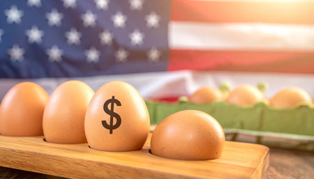 Eggs marked with dollar signs are displayed in a wooden holder with the American flag blurred in the background.の素材
