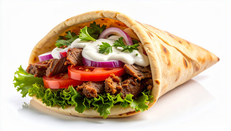 A gyro sandwich filled with beef, lettuce, tomato, onion, and white sauce is presented on a white background.の素材