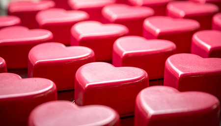 A close-up view of numerous shiny red heart-shaped candies or chocolates arranged in a repeating pattern.の素材