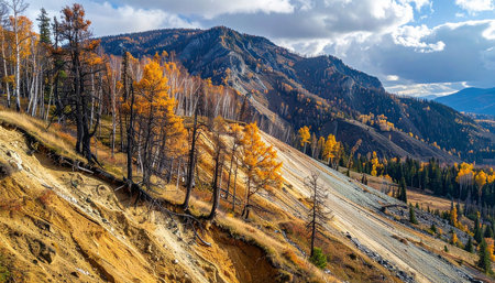A steep, eroded mountain slope in autumn with golden larch trees and rocky terrain under a dramatic cloudy sky.の素材