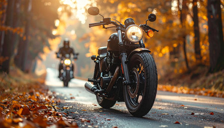 A black motorcycle sits on a road covered in autumn leaves, with a blurred rider on another bike further down the road.の素材
