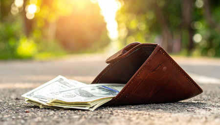 A brown leather wallet lies open on an asphalt road, revealing US dollar bills. Sunlight streams from the left.の素材