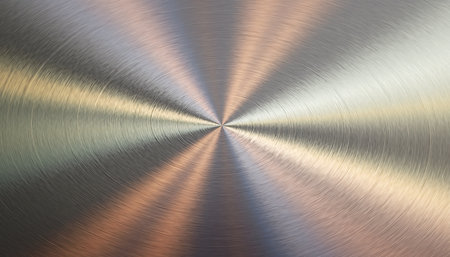 A close-up of a brushed metal surface with a circular brushed pattern and subtle iridescent reflections of light.の素材
