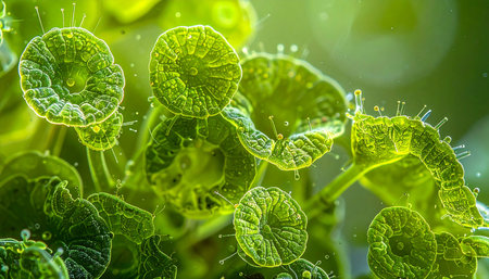 Highlighting showing close-up of microscopic green organisms with tentacle-like structures and bubbles keywords: microscopic, green, organisms,...の素材