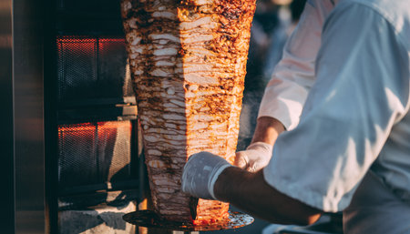 A chef wearing gloves slices thinly cut meat from a large vertical rotisserie cooking shawarma or dの素材