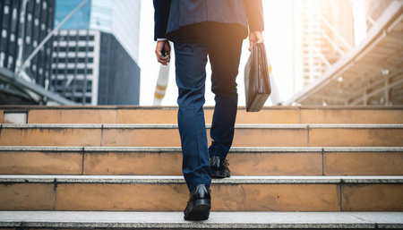 A man in a dark suit and shoes walks up concrete stairs carrying a briefcase, with blurred city buildings in the background.の素材