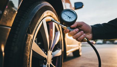 A hand holds a tire pressure gauge connected to a car's valve stem, checking the air pressure in the wheel.の素材